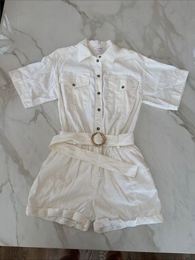 FRAME White Short-Sleeve Button Romper with Belt